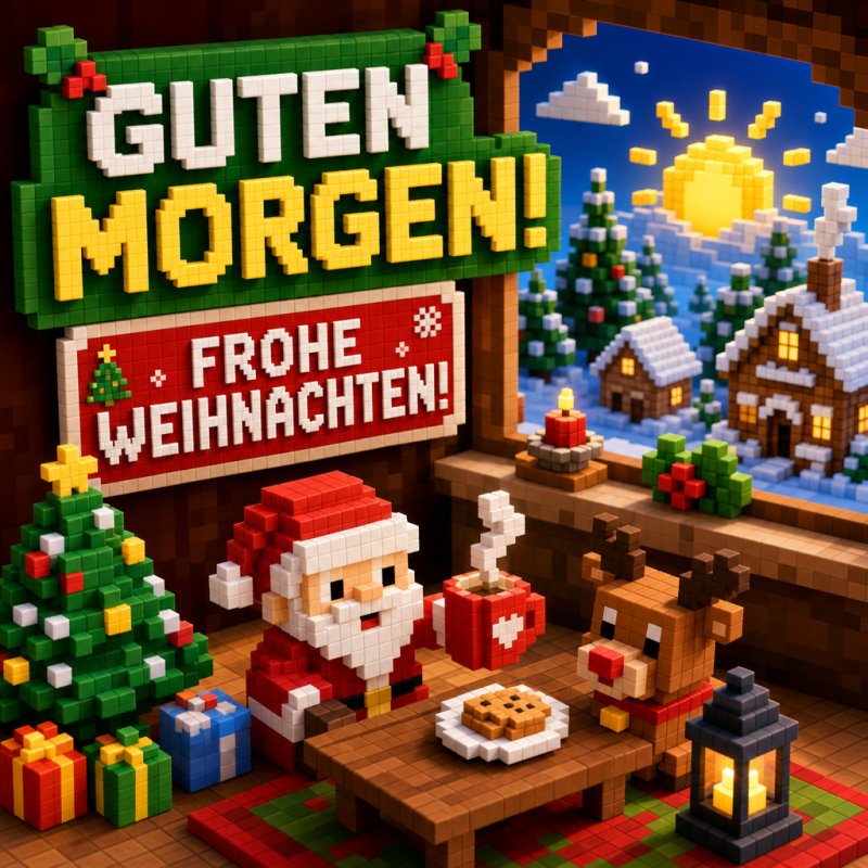 Ein weihnachtlicher Guten-Morgen-Gruß im pixeligen Stil mit Weihnachtsmann, Rentier und verschneitem Dorf bei Sonnenaufgang vor einem Fenster mit Geschenken und Deko.