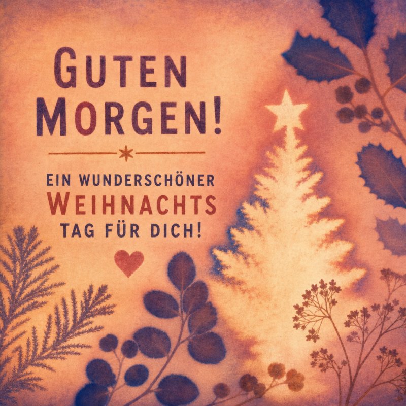 Ein stimmungsvoller Guten-Morgen-Gruß zeigt einen Weihnachtsbaum und Pflanzen in warmen Orangetönen vor einem sanften, winterlichen Hintergrund.