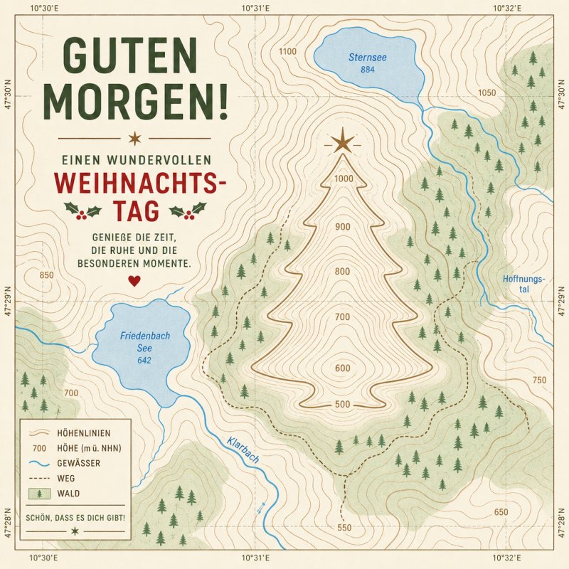 Landkarte mit einem Tannenbaum aus Höhenlinien und dem Text 'Guten Morgen', ideal als Weihnachts-Guten-Morgen-Gruß.