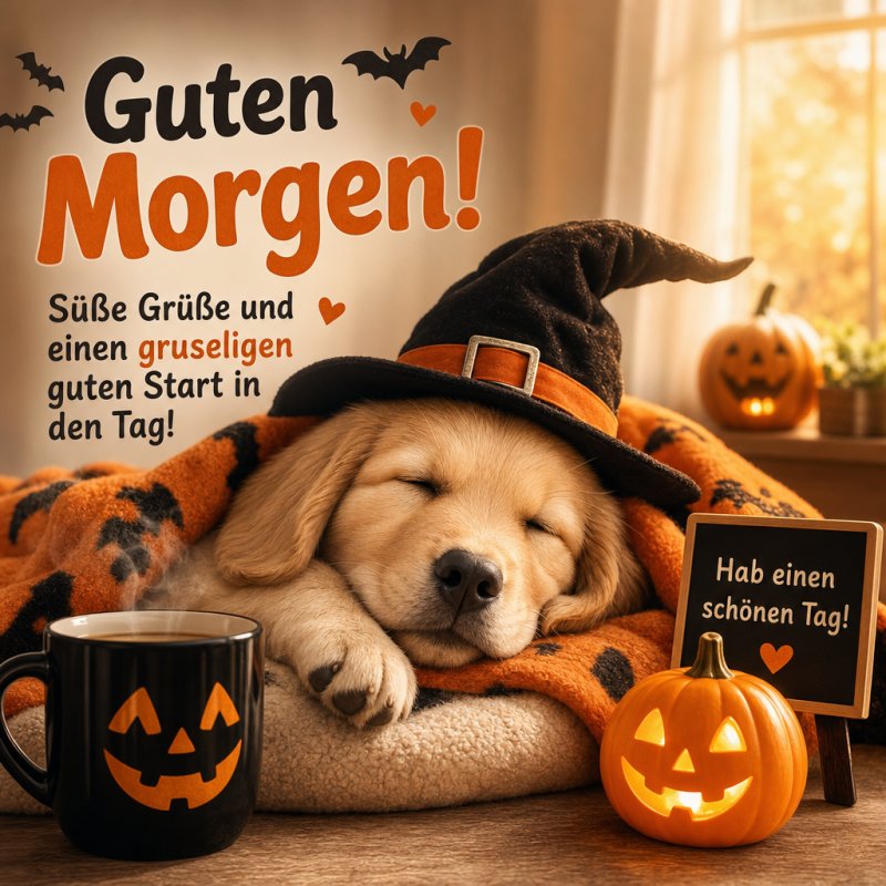 Ein schlafender Welpe mit Hexenhut liegt eingekuschelt mit Kürbisdecke neben Kürbislichtern, einer Halloween-Tasse und der Aufschrift 'Guten Morgen'.