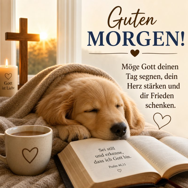 Ein schlafender Welpe liegt neben einem aufgeschlagenen Buch und einer brennenden Kerze, während die Sonne durch das Fenster scheint und ein Guten-Morgen-Gruß daneben steht.