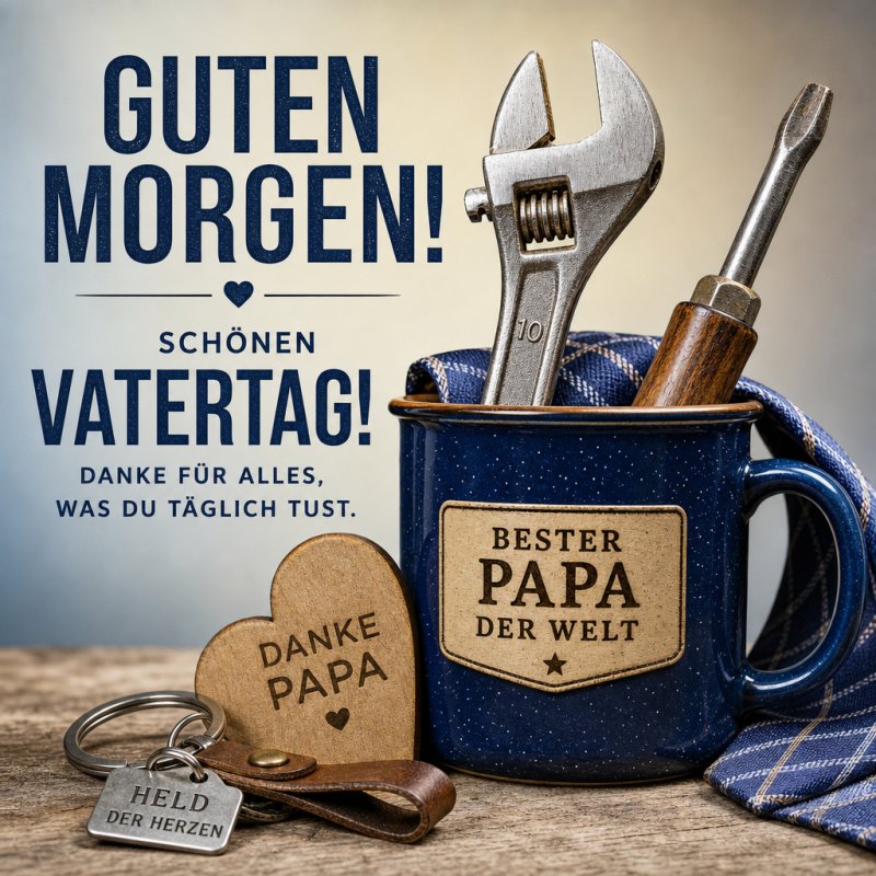 Ein blauer Becher mit Schraubenschlüssel und Schraubenzieher symbolisiert den Vatertag bei einem Guten Morgen Gruß, dekoriert mit Herzanhängern.