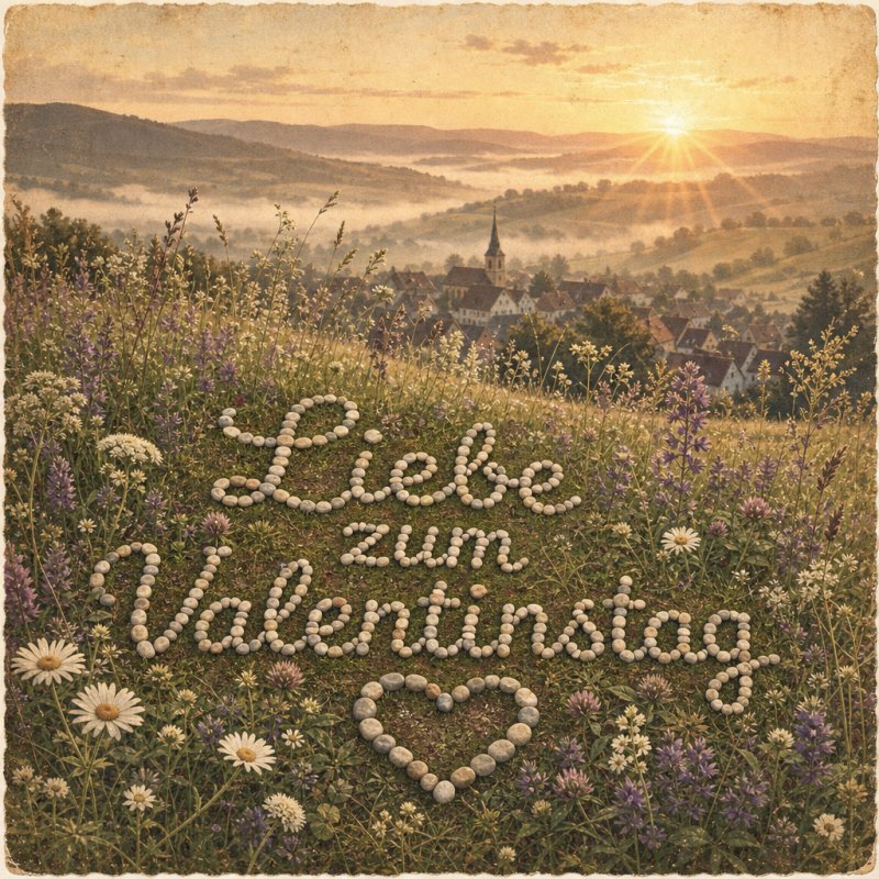 Guten-Morgen-Gruß als Vintage-Postkarte: Ein Strauß bunter Wildblumen weht sanft im morgendlichen Wind auf einem Hügel mit Kieseln, die den Liebesgruß formen.