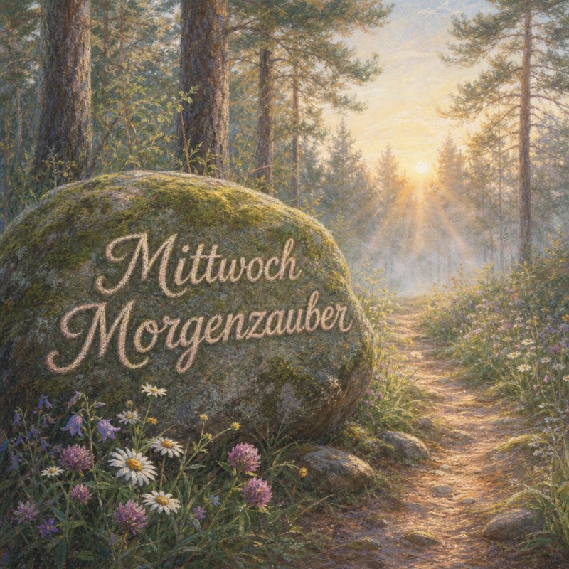 Guten-Morgen-Gruß als zarte Pastellzeichnung: ein nebliger Waldfußweg in der Morgendämmerung, Sonnenlicht durch hohe Kiefern brechend.