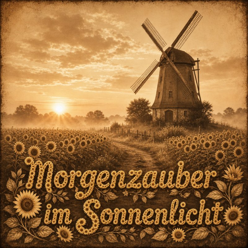 Sepia-getönter Guten-Morgen-Gruß im Vintage-Stil: eine Windmühle im ländlichen Sonnenblumenfeld mit sanftem Morgennebel, dargestellt als Postkarte.