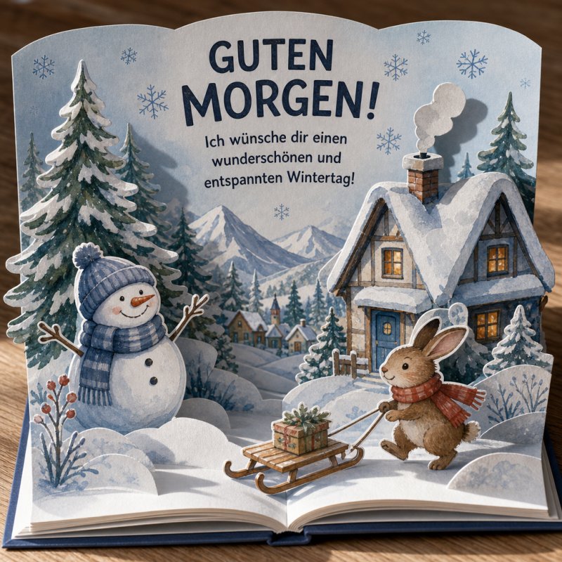 Ein aufklappbares Buch zeigt eine Winterlandschaft mit Schneemann und Hase im Vordergrund, begleitet von einem warmherzigen Guten-Morgen-Gruß.
