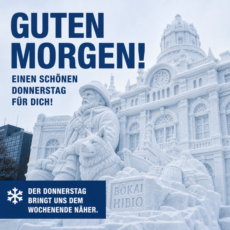Eine imposante Schneeskulptur mit einem Mann und einem Hund steht vor einem Gebäude als Teil eines Guten-Morgen-Grußes für Donnerstag.
