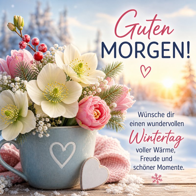 Ein blauer Becher mit weißen und rosa Blumen, umgeben von Schnee und Tannenzweigen, bietet einen herzlichen Guten-Morgen-Gruß an einem sonnigen Wintertag.