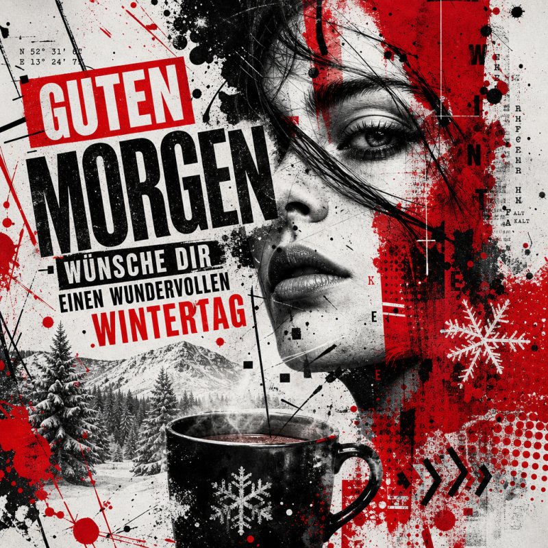 Eine stimmungsvolle Collage mit einer Frau, Schneewald, Berg und Kaffee zeigt einen Guten-Morgen-Gruß für einen wundervollen Wintertag.