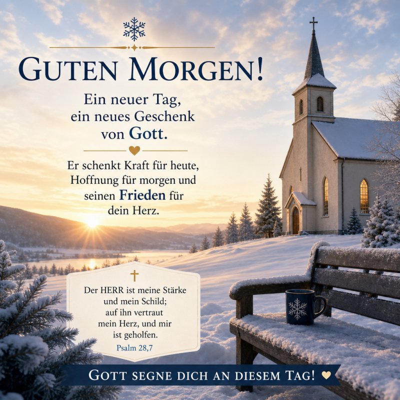 Ein verschneiter Wintermorgen mit einer Kapelle und einer Bank, begleitet von einem inspirierten Guten-Morgen-Gruß vor einem klaren blauen Himmel.
