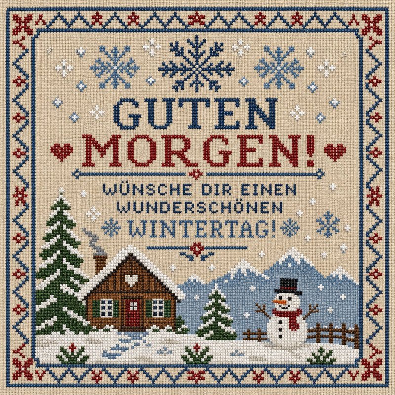 Ein Kreuzstichmuster mit einem gemütlichen Haus, Schnee und Schneemann sendet einen frohen Guten-Morgen-Gruß für den Winter.