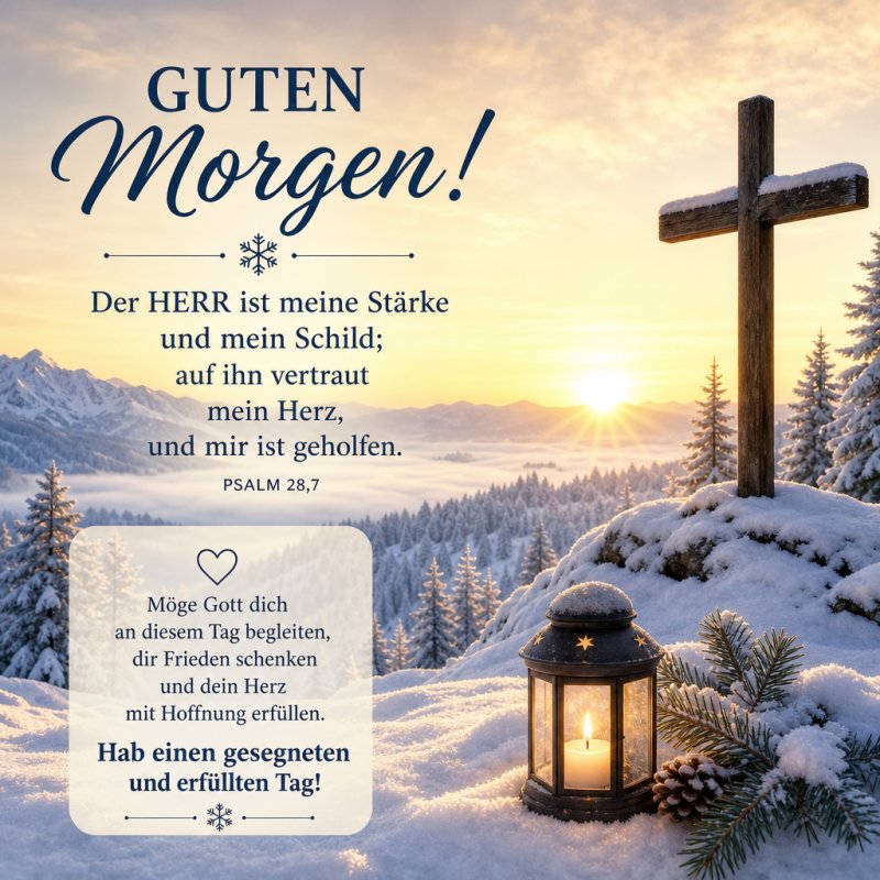 Ein winterlicher Guten-Morgen-Gruß zeigt eine verschneite Landschaft mit Kreuz und Laterne im Morgenlicht, begleitet von einem Psalmvers.