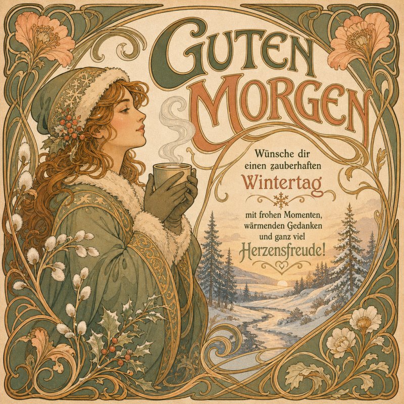 Eine Frau in Winterkleidung hält eine Tasse in der Hand, umgeben von kunstvollen Blumenmustern, als Teil eines Guten-Morgen-Grußes für den Winter.