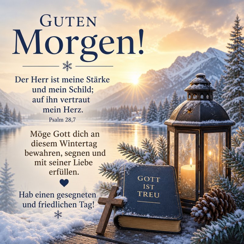 Ein verschneiter Wintertag mit einer Laterne, einer Bibel und Bergen im Hintergrund, perfekt für einen besinnlichen Guten-Morgen-Gruß.