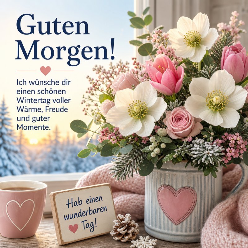 Ein freundlicher Guten-Morgen-Gruß mit einem Strauß aus weißen und rosa Blumen in einem Herzkrug vor einem winterlichen Fensterblick.