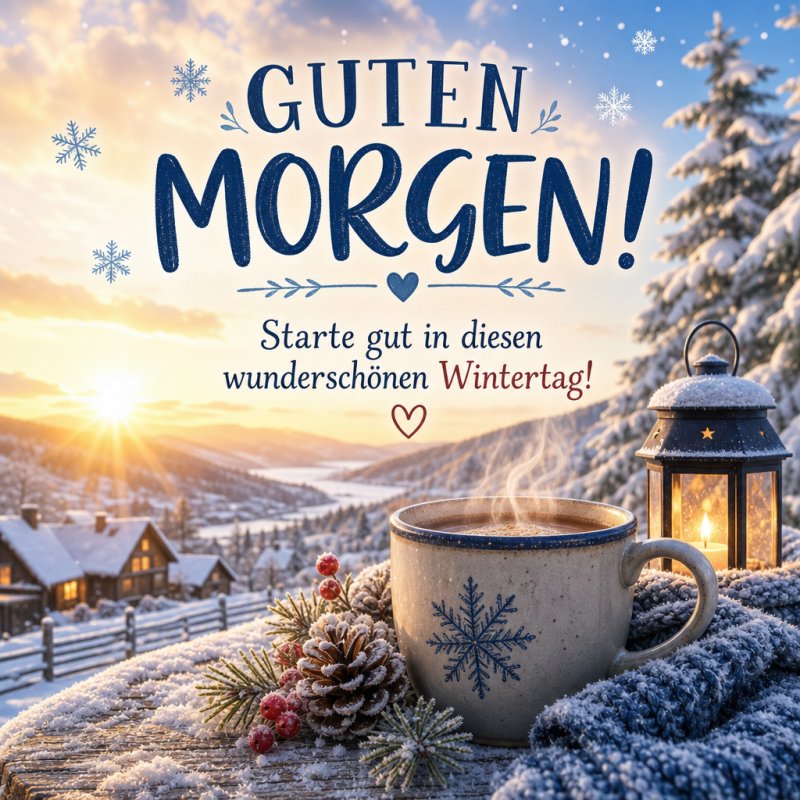 Eine winterliche Landschaft mit schneebedeckten Hügeln, einer Tasse Kaffee und einer Laterne auf einem Tisch vermitteln einen herzlichen Guten-Morgen-Gruß.