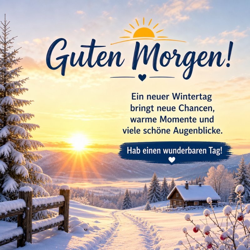 Verschneite Landschaft mit einem Holzhaus und Tannen im Sonnenaufgang, die einen friedlichen Guten-Morgen-Gruß im Winter präsentieren.