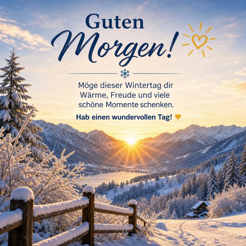 Ein verschneiter Bergpfad mit Sonne und Wald im Hintergrund, begleitet von einem herzlichen Guten Morgen und einem Gruß für einen schönen Wintertag.