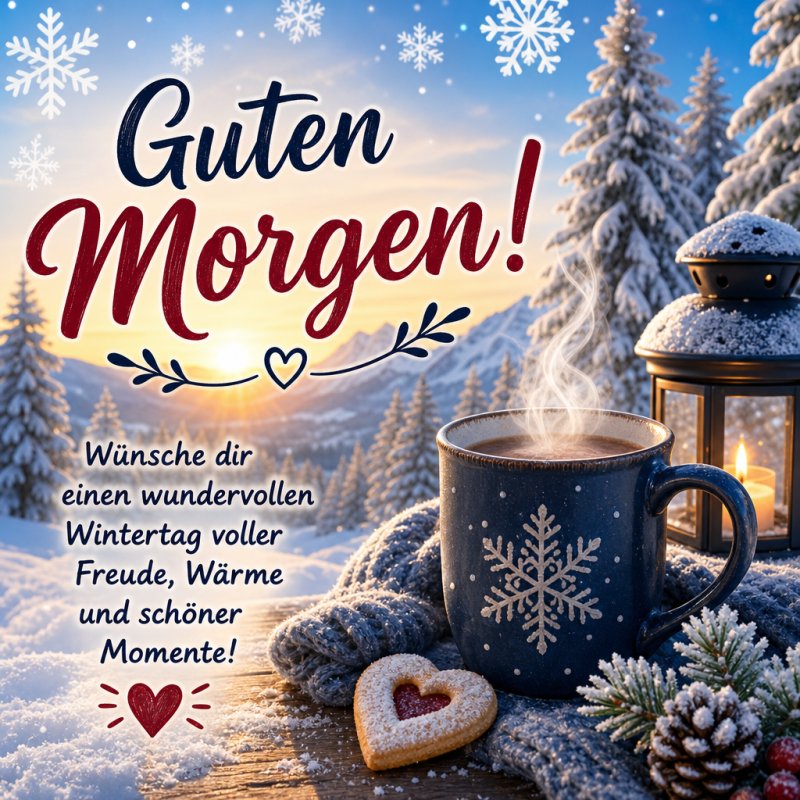 Eine dampfende Tasse mit Schneeflockenmuster und Keksen auf einem Holztisch im Schnee, umgeben von verschneiten Tannen und einem Laternenlicht für einen Guten-Morgen-Gruß.