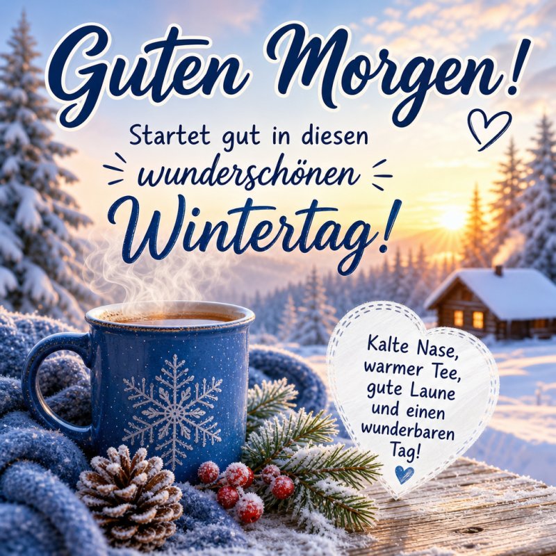 Ein heißer Tee in einer Schneeflocken-Tasse auf einer Decke, umgeben von Kiefernzapfen und Schnee, versprüht einen gemütlichen Guten-Morgen-Gruß.