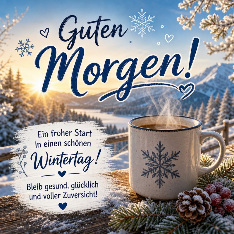 Ein winterlicher Guten-Morgen-Gruß mit einer dampfenden Tasse auf einem Balkon, schneebedeckter Landschaft im Hintergrund und einem dekorativen Tannenzweig.