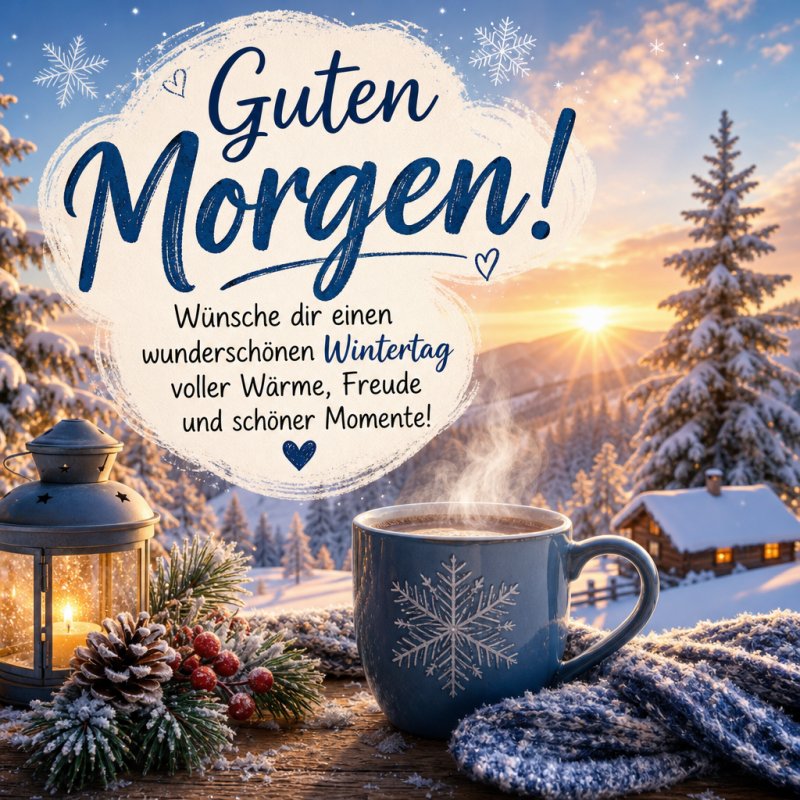 Ein warmherziger Guten-Morgen-Gruß mit einer dampfenden Tasse, Laterne und verschneiter Landschaft bei Sonnenaufgang im Winter.