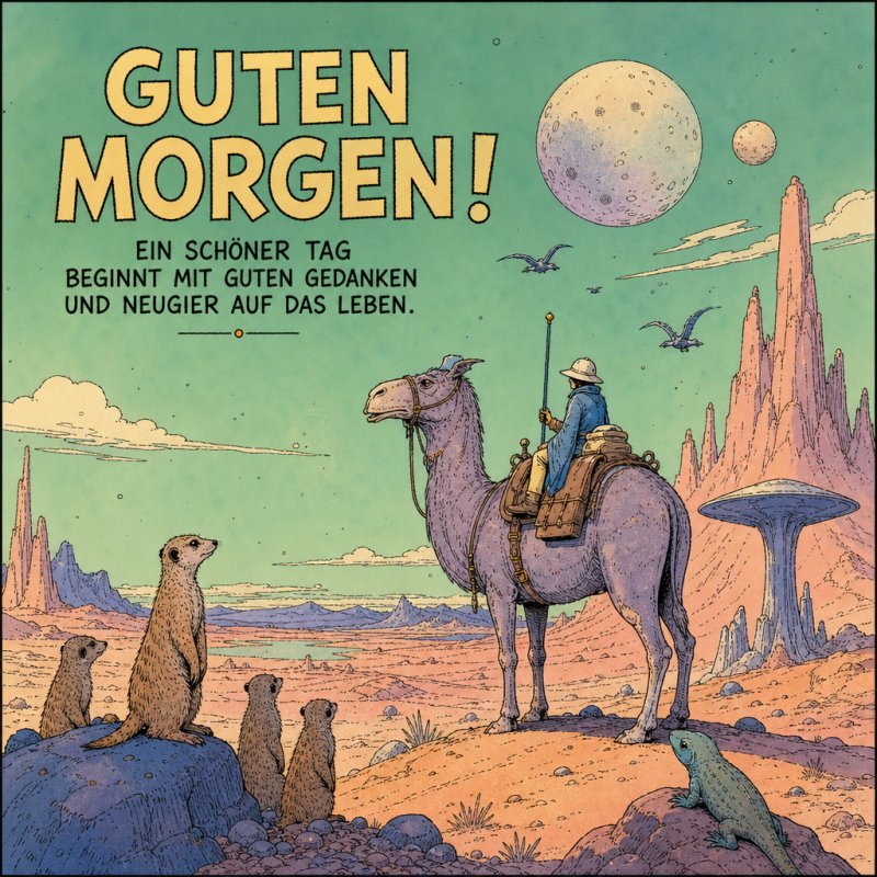 Illustration eines Reiters auf einem Kamel in einer bunten Wüstenlandschaft mit Erdmännchen und Eidechse als Guten-Morgen-Gruß.