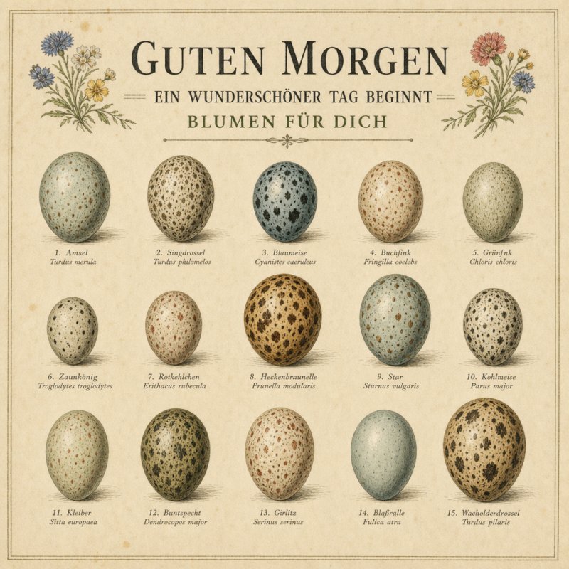Ein stilvolles Poster mit sechzehn detailreich illustrierten Vogel-Eiern verschiedener Arten, begleitet von einem freundlichen Guten-Morgen-Gruß.