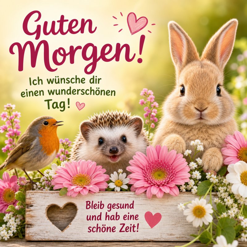 Ein Igel, ein Kaninchen und ein Vogel stehen im Blütenmeer mit einem herzlichen Guten-Morgen-Gruß in verspieltem Design.
